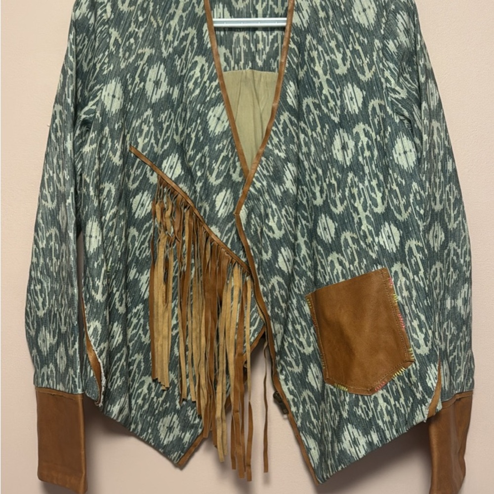 Laura Siegel Patterned Open Front Jacket with Leather Trim - Teal/Beige